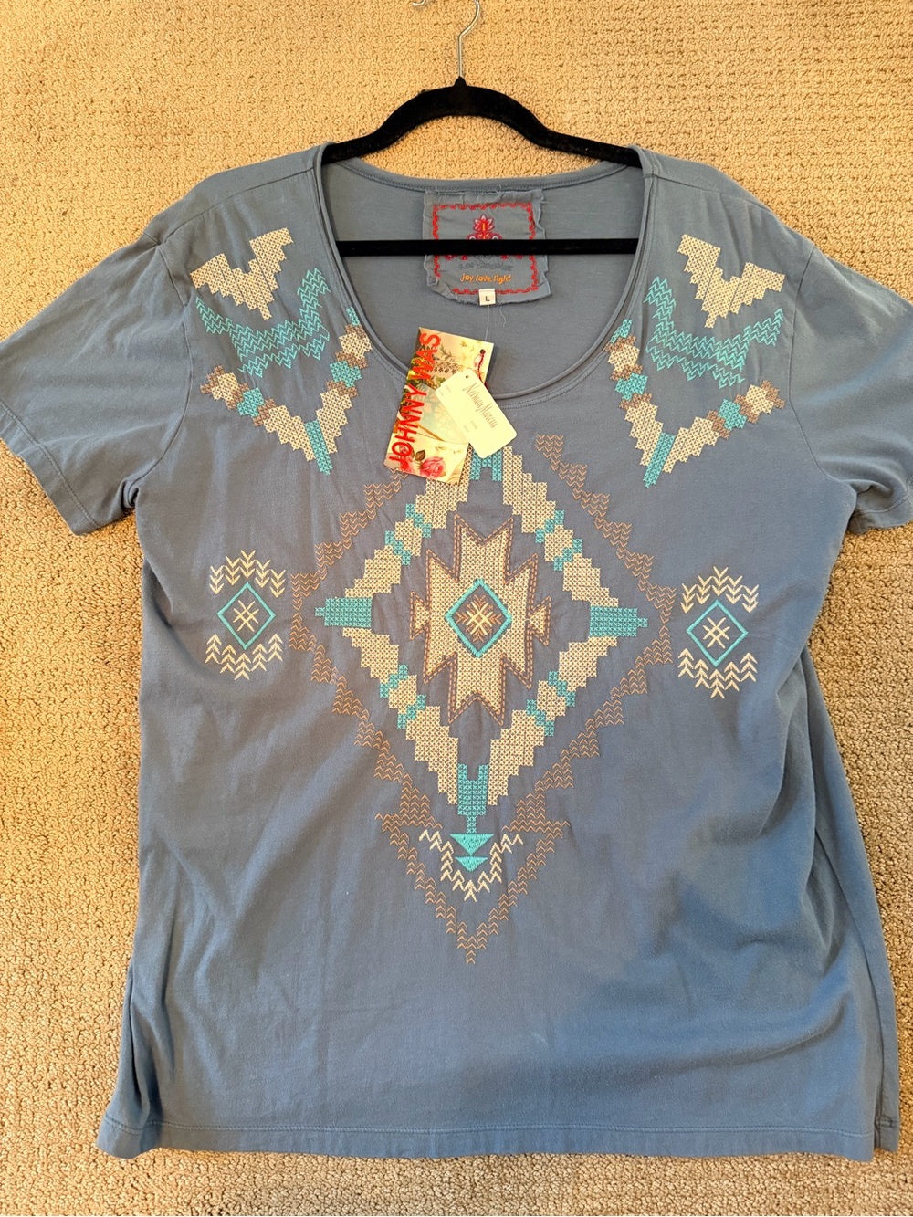 Johnny Was Slate Blue Short-Sleeve Embroidered Geometric Tee